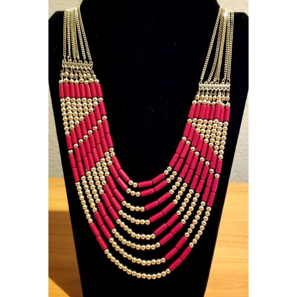**Vintage NOS Stunning Gold and Red Layered Necklace**